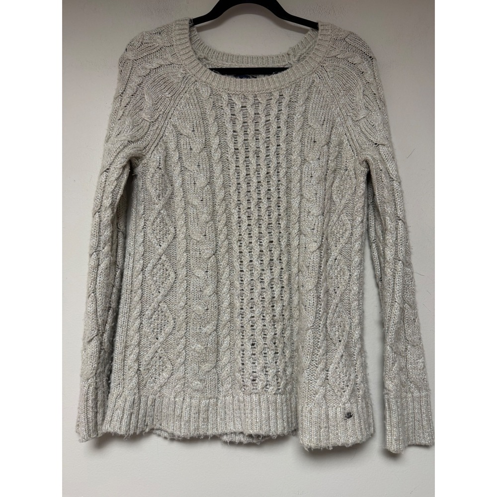 American Eagle Sweater Womens Medium Oatmeal Beige Good Cable Knit Metallic 8873